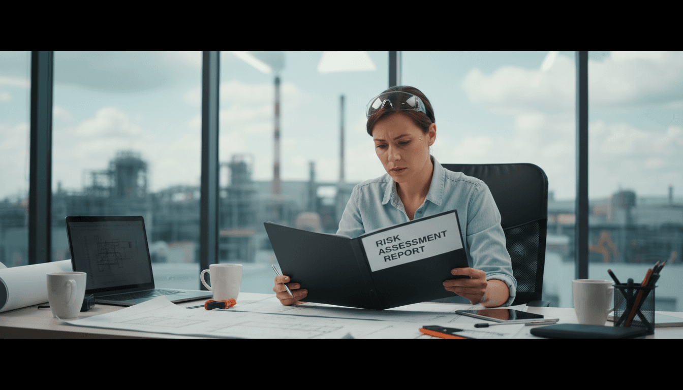 Engineer reviewing a risk assessment report at an office desk