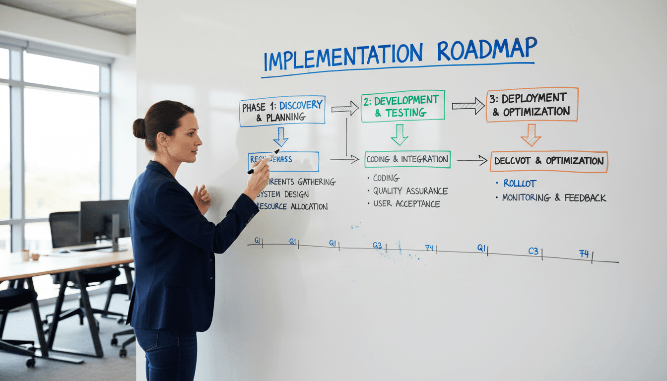 Project manager creating an implementation roadmap on a whiteboard
