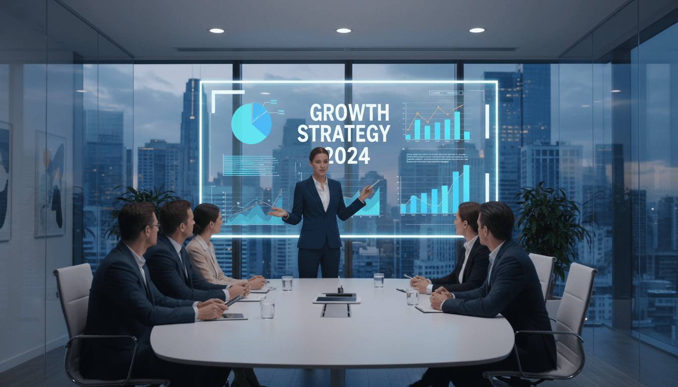 Professional consultant presenting data charts to a business team in a modern meeting room