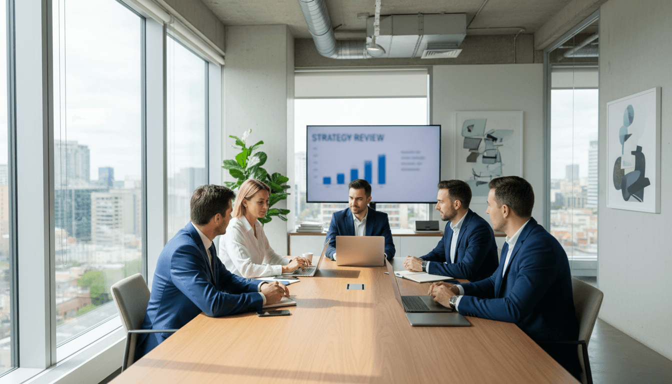 Business consultants in a strategy meeting reviewing plans on a laptop