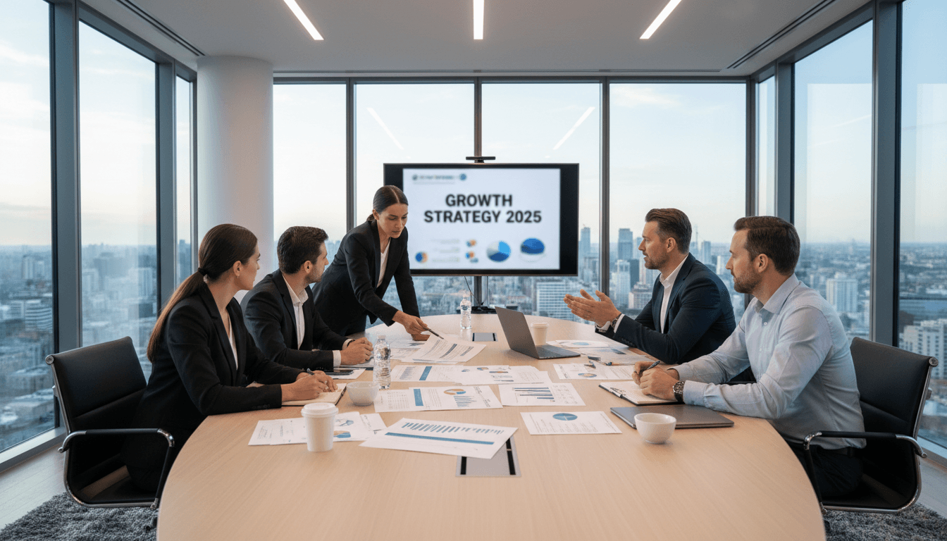 Business team strategizing over documents in a modern meeting room