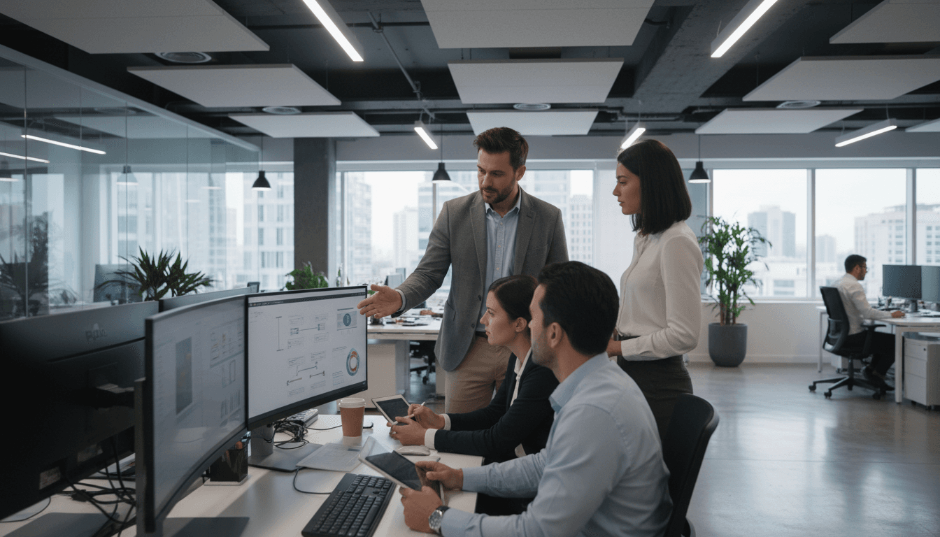 A consultant working alongside a business team at a computer in a modern open-plan office