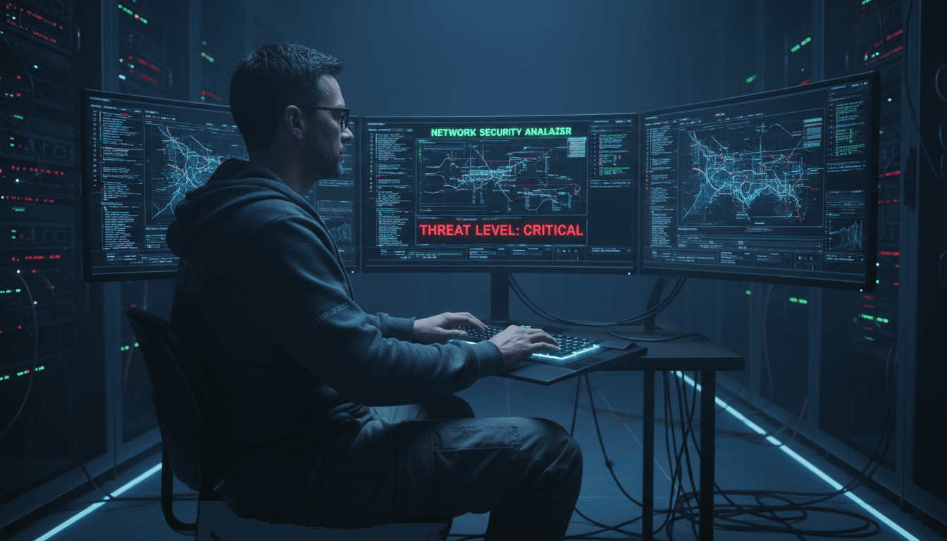 Cybersecurity specialist analyzing a network security monitor in a dark server room