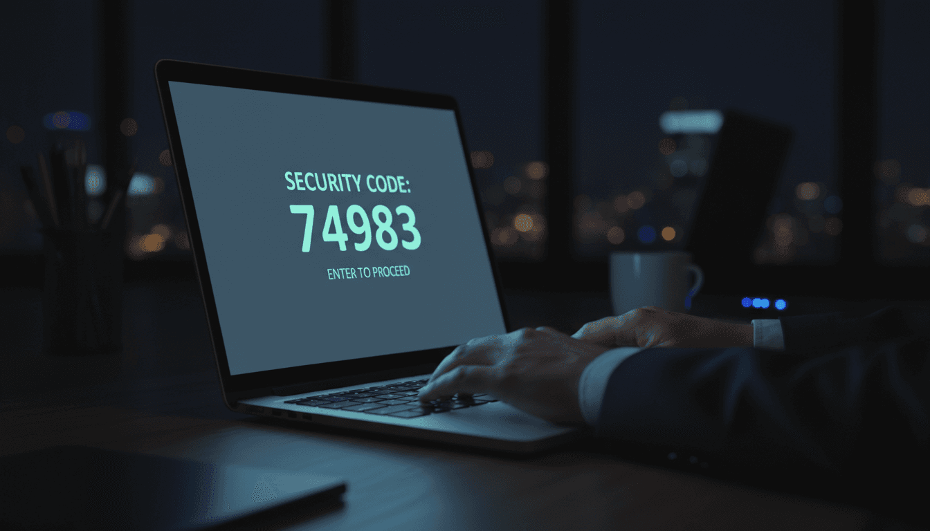 Close up of hands typing on a laptop with security code on the screen in a dark office