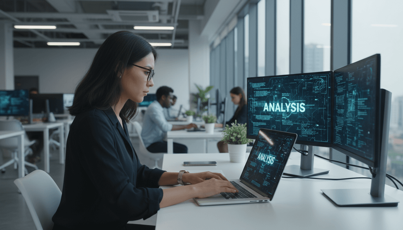 Cybersecurity expert analyzing data on laptop in bright office