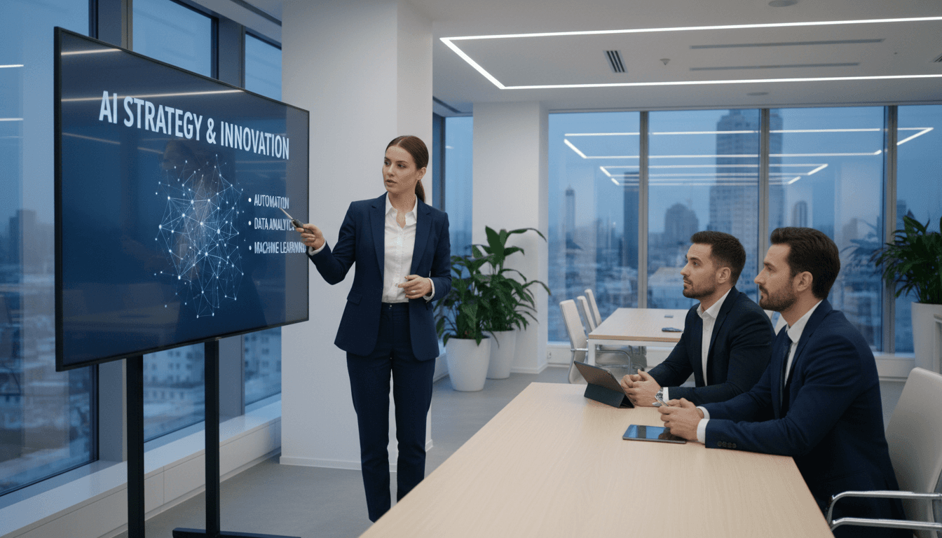 Professional business consultant presenting AI strategy to client in modern office