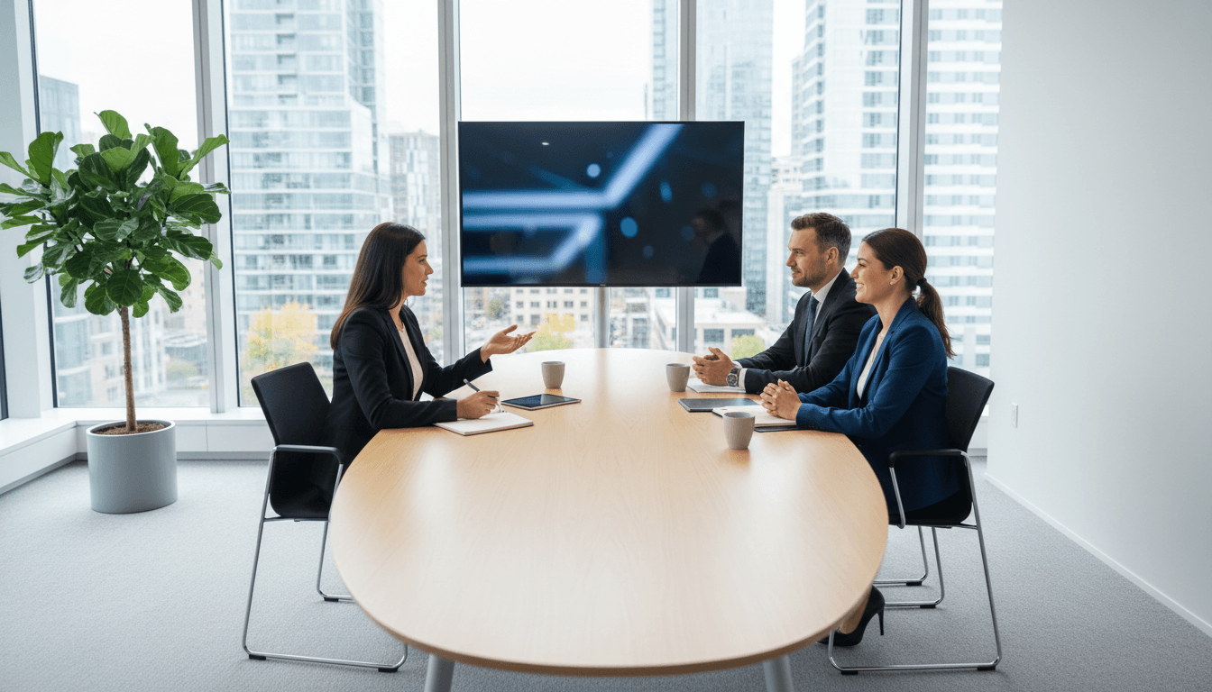 Two consultants in business attire and a client having a first meeting in a bright modern office conference room