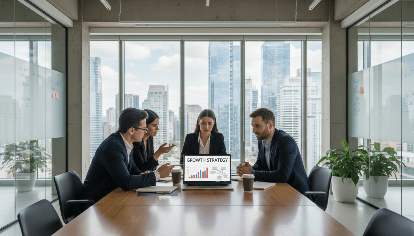 Business consultants in a modern office discussing strategy around a laptop