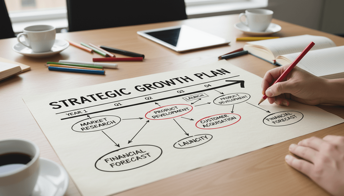 Close-up of a business strategy roadmap being sketched on paper during a planning session