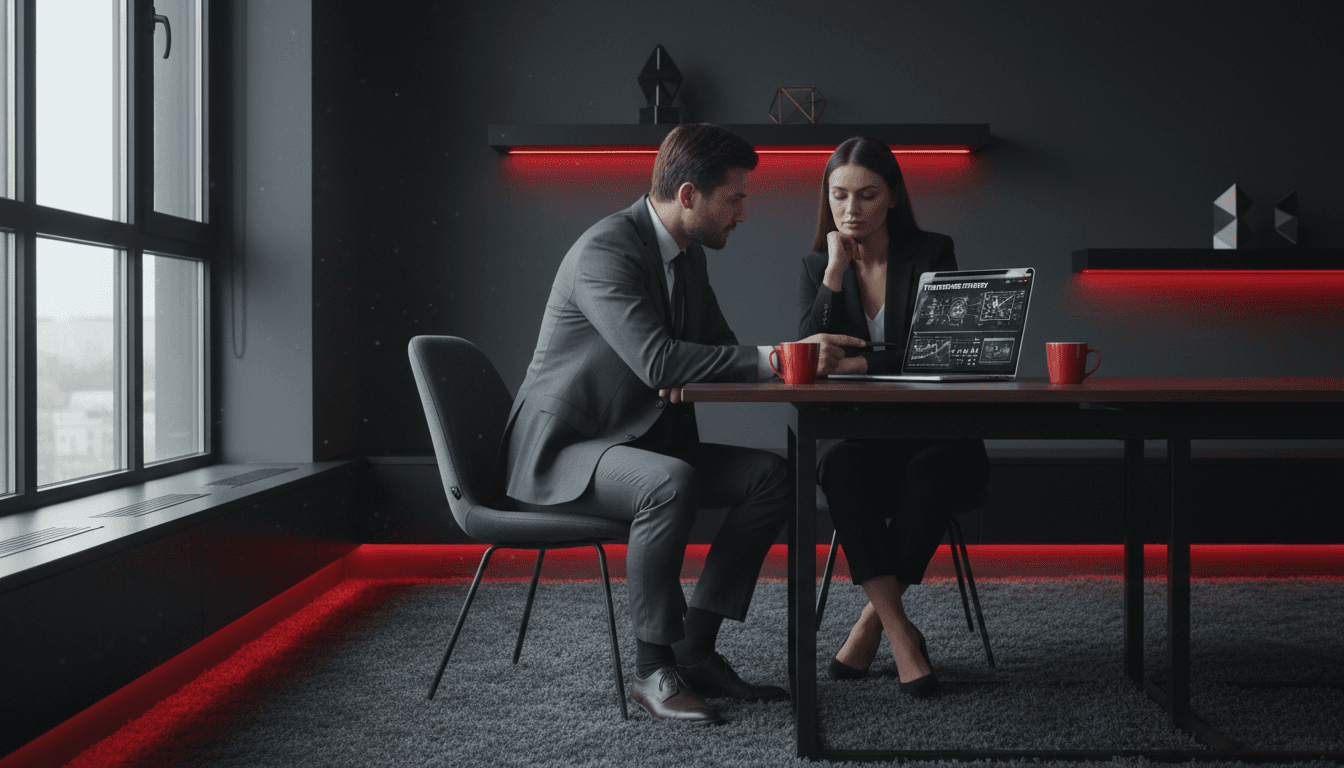 IT consultant and client reviewing a cybersecurity strategy on a laptop in a modern office