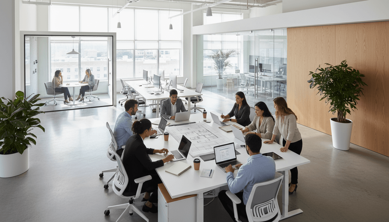 Team of four consultants collaborating in a bright Las Vegas office