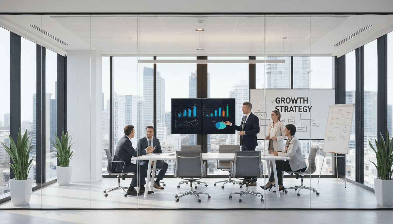 Two business consultants reviewing strategic plans in a modern high-rise office