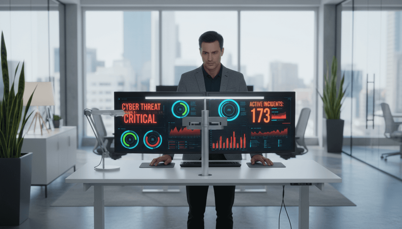 Security analyst focused on multiple monitors displaying colorful vulnerability dashboard metrics and threat data in modern office with natural light.