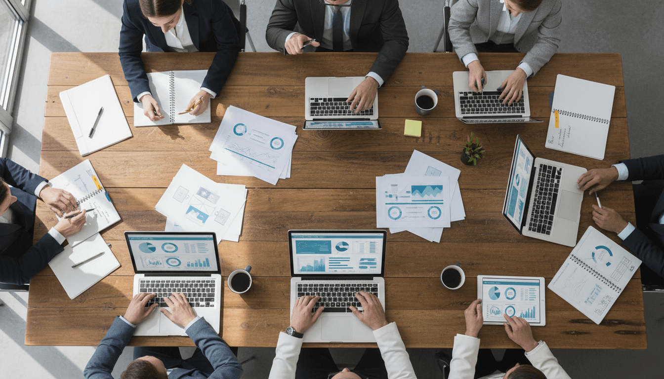 Consultants working around a conference table on cybersecurity strategy