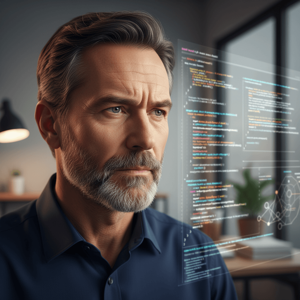 Senior cybersecurity consultant focused on reviewing complex security code with concentrated analytical expression