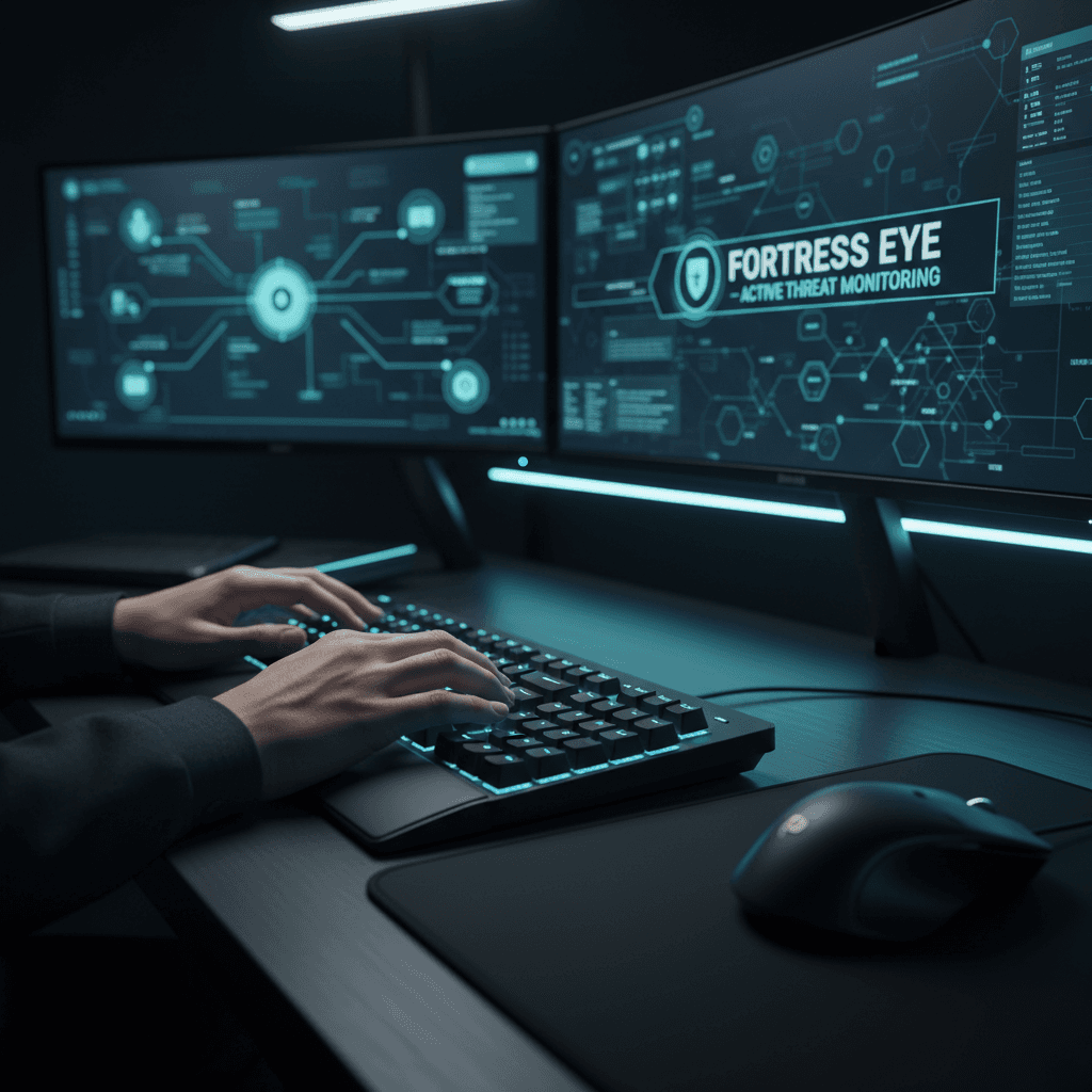 Consultant working on a laptop with a cybersecurity dashboard