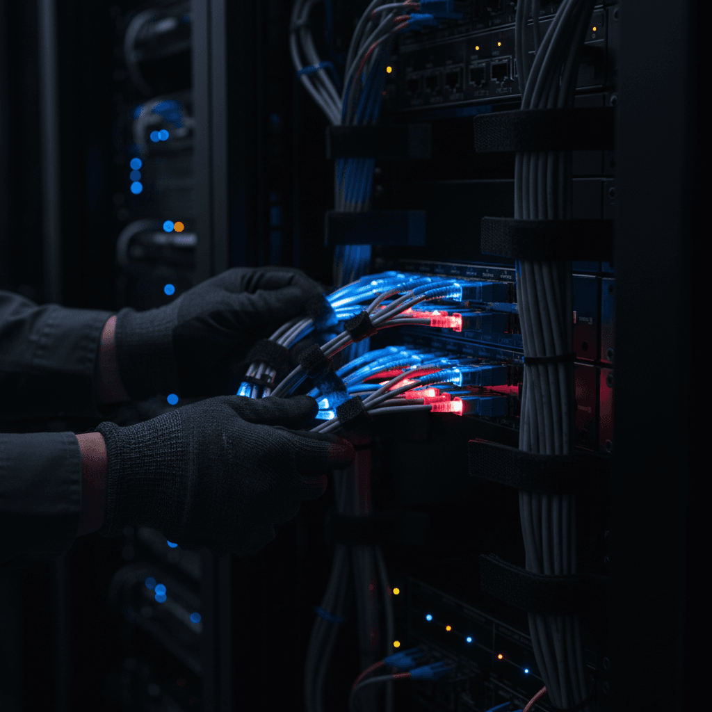 Close-up of network infrastructure with cables
