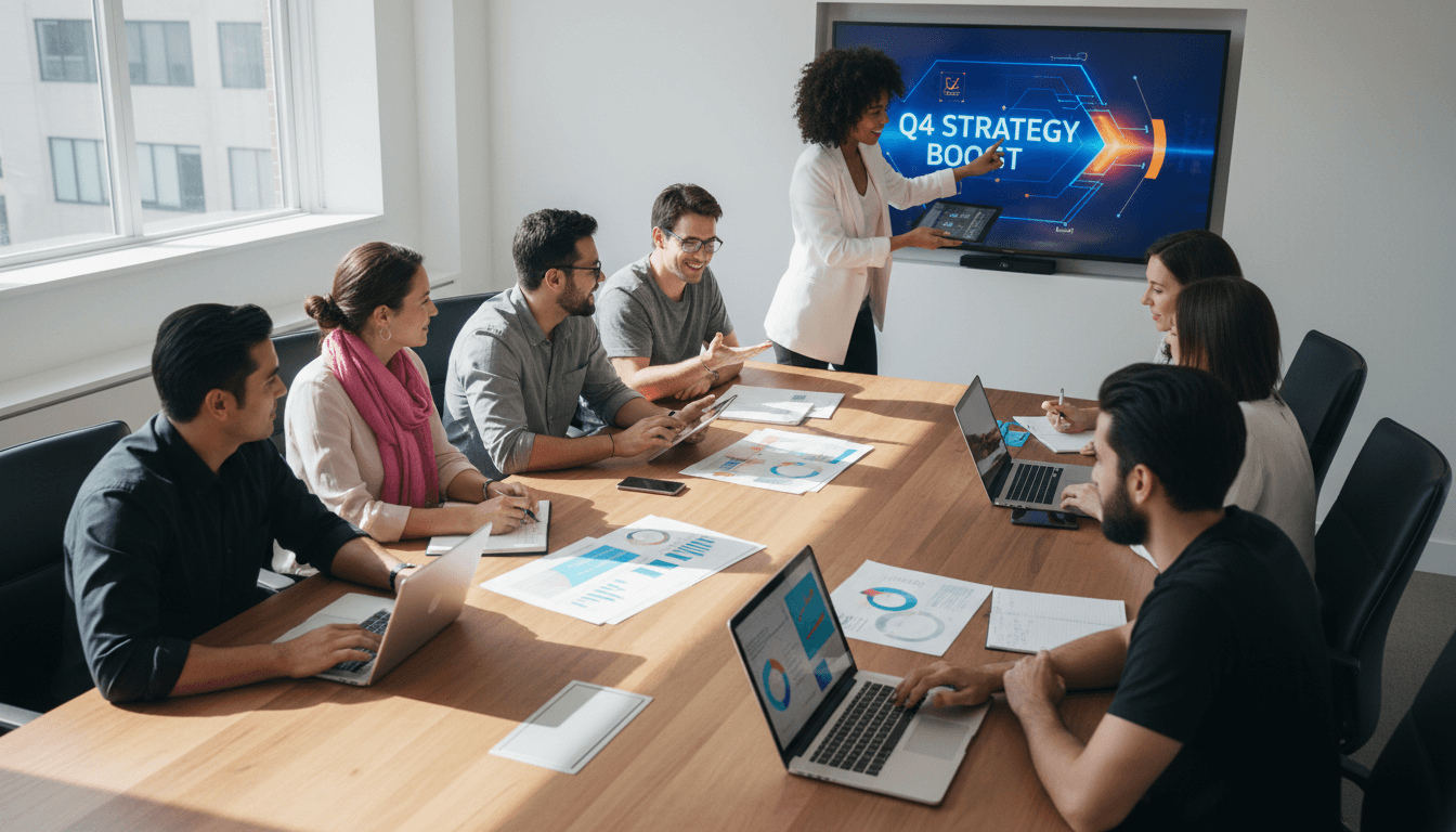 Team collaborating over AI policy documents