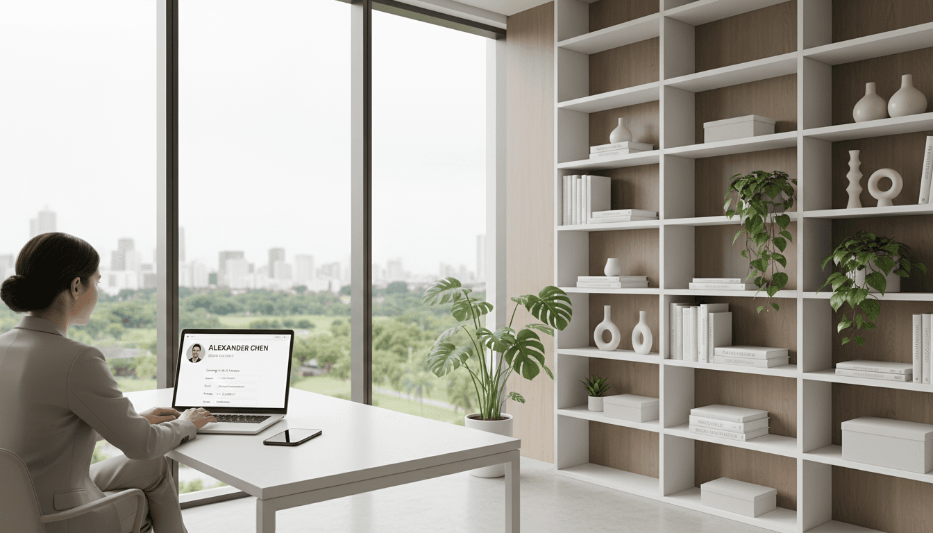 Professional in bright modern home office at desk with laptop and smartphone displaying contact management platform interface on screen