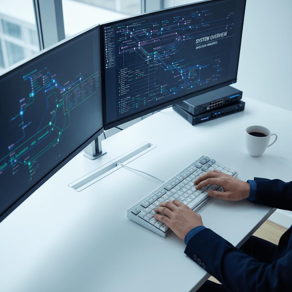 Engineer coding with security checklists on monitors