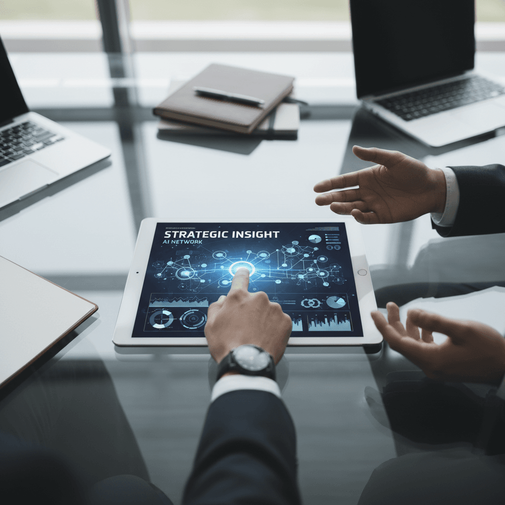 Consultant hands pointing at digital tablet displaying AI network diagrams during collaborative discussion at glass conference table